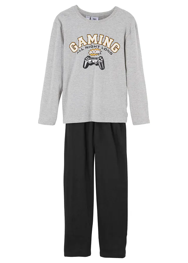 Pijama din bumbac moale • gri melanj deschis/negru • magazin bonprix