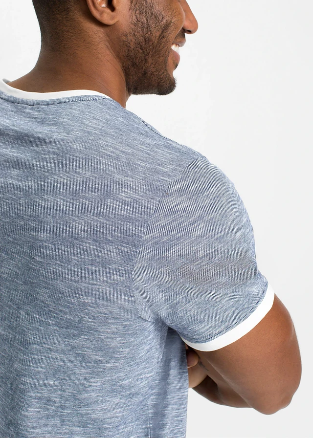 Tricou cu șnur la decolteu din bumbac organic • bleumarin-ecru melanj • magazin bonprix