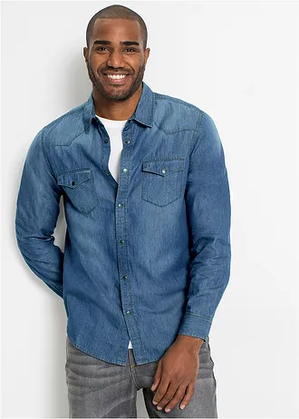 Cămașă de blugi Slim Fit din bumbac organic 100%, culoare: bleu denim uzat