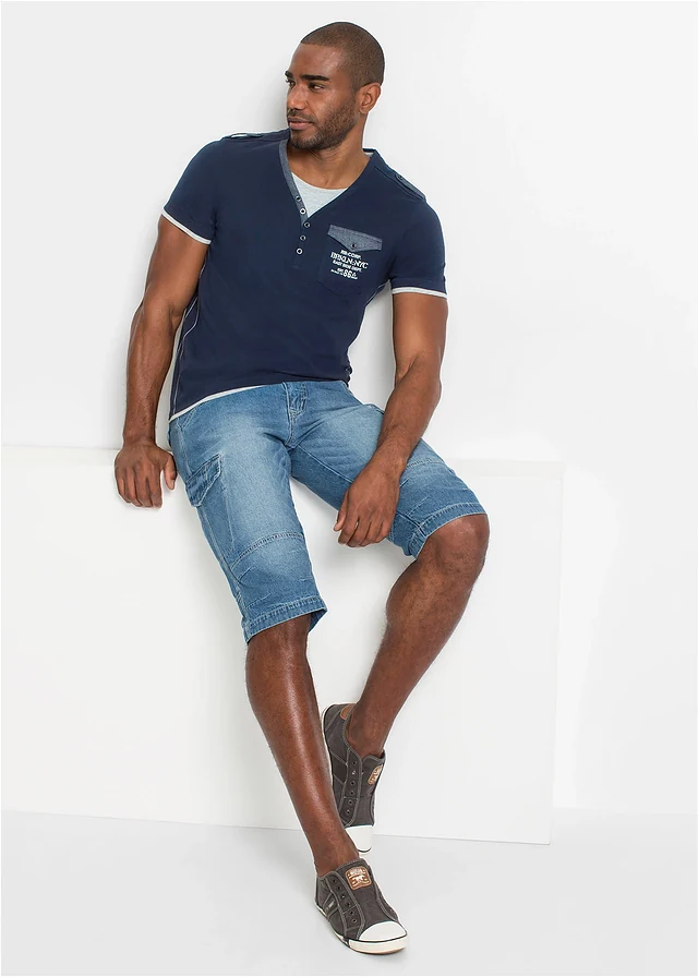 Lehké dlouhé džínové cargo bermudy, Relaxed Fit, barva: středně modrý denim