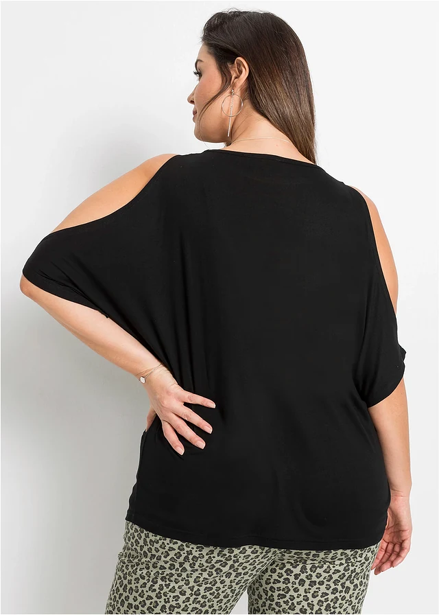 Cold shoulder shirt van viscose, Kleur: zwart