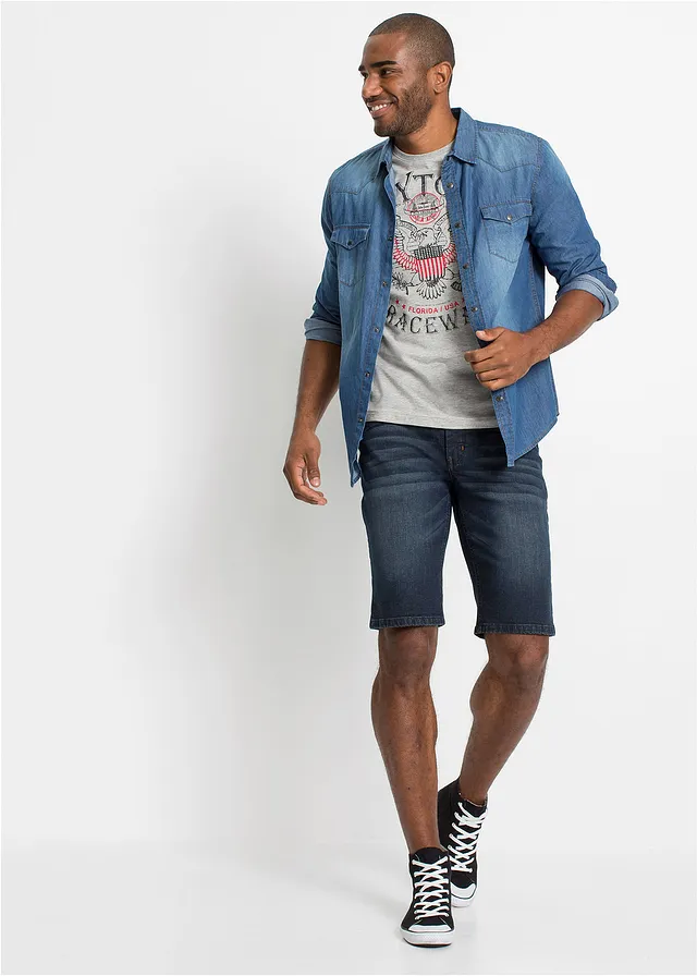 Bermuda en jean extensible, slim, Couleur: bleu foncé denim