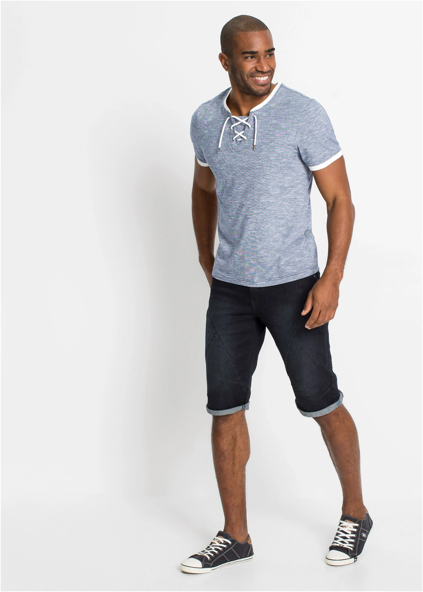 T-shirt van biologisch katoen met vetersluiting • donkerblauw-wolwit gemêleerd • bonprix online shop