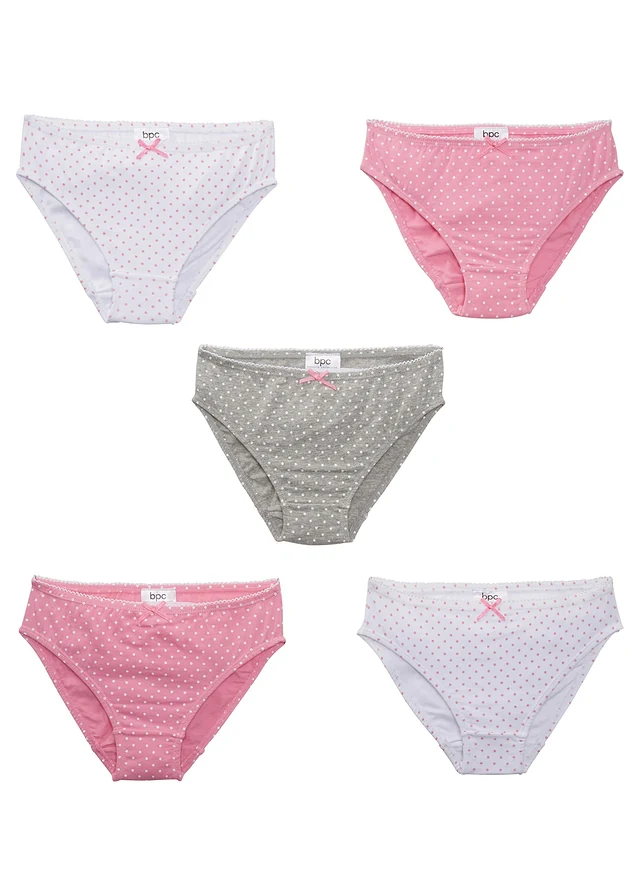 Meisjes slips met satijnen strikje (set van 5), Kleur: roze+wit+lichtgrijs gemêleerd gestippeld