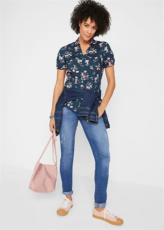 Gedessineerde blouse, korte mouw, Kleur: donkerblauw gedessineerd