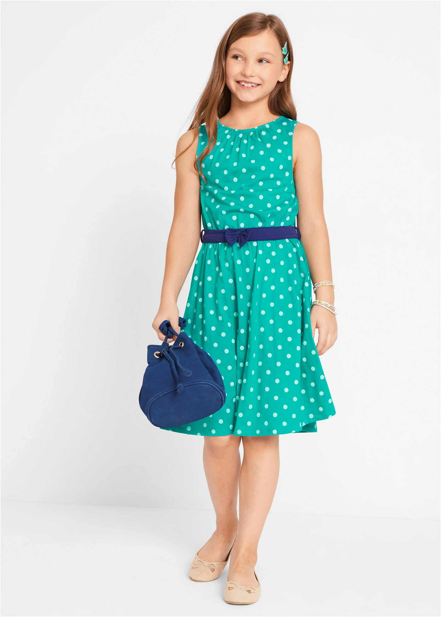 Rochie fete din jerse, bumbac organic • verde smarald punctat • magazin bonprix