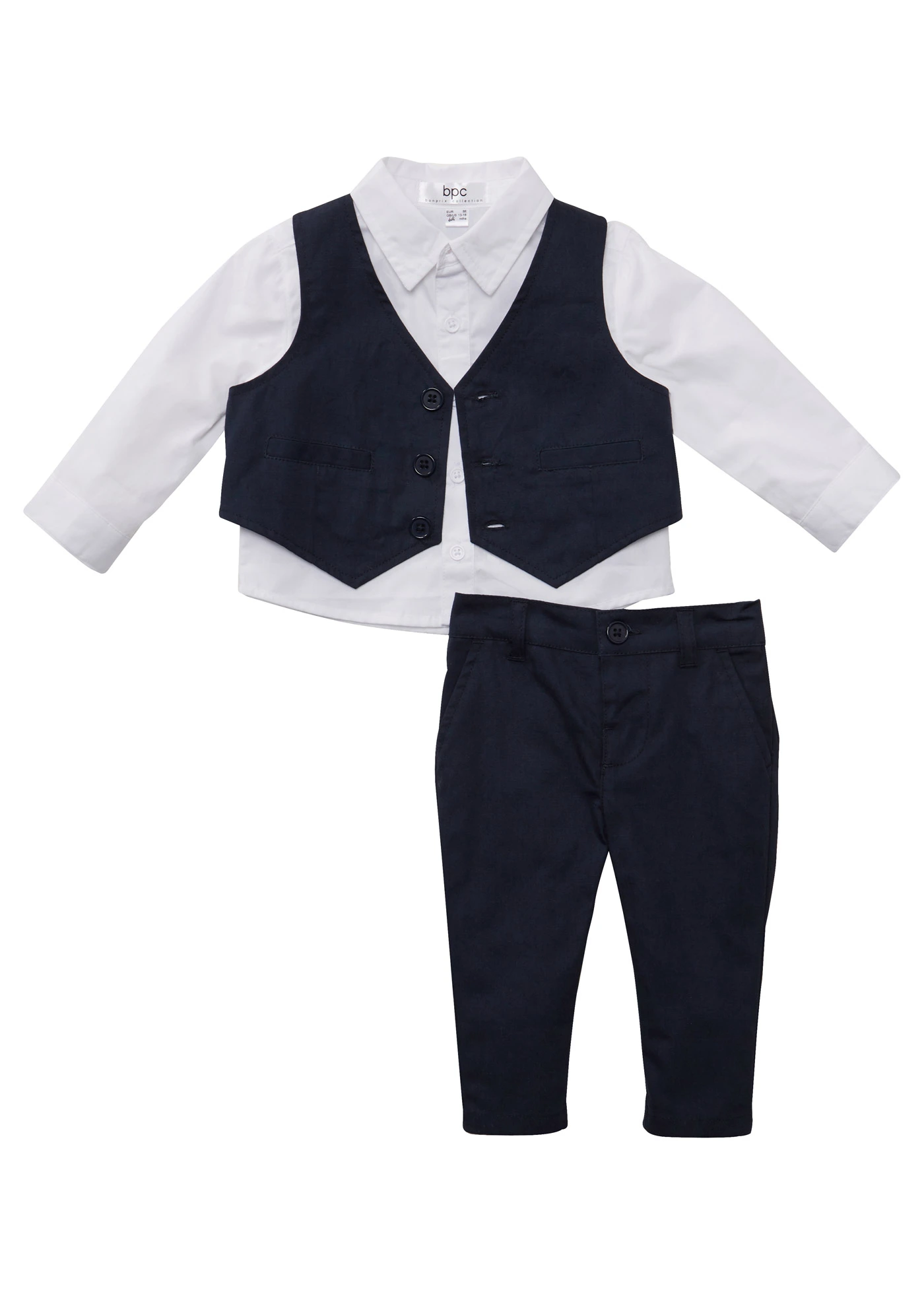 Baby gilet, overhemd en broek (3-dlg. set) • wit-donkerblauw • bonprix online shop