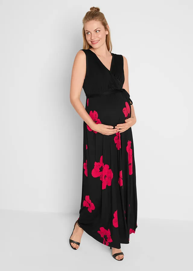 2-in-1 jersey zwangerschapsjurk/voedingsjurk met viscose, Kleur: zwart-magenta