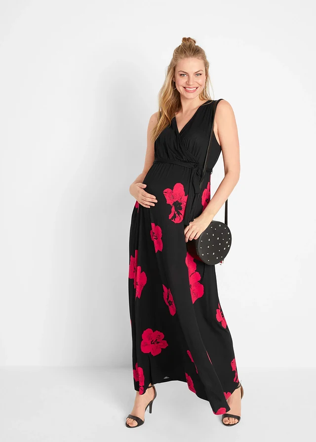 2-in-1 jersey zwangerschapsjurk/voedingsjurk met viscose, Kleur: zwart-magenta