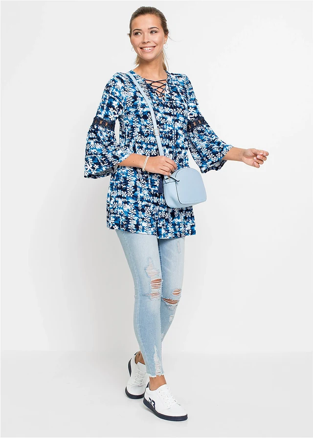 Tunique en viscose fluide, Couleur: blanc/bleu foncé imprimé