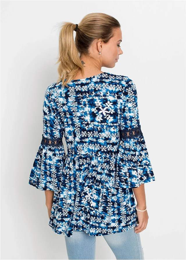 Tunique en viscose fluide, Couleur: blanc/bleu foncé imprimé