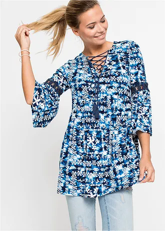 Tunique en viscose fluide • blanc-bleu foncé imprimé • Boutique bonprix