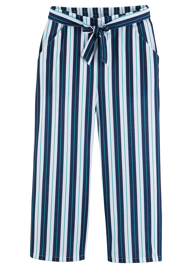 Pantalon palazzo à taille élastiquée, Couleur: bleu foncé-blanc rayé