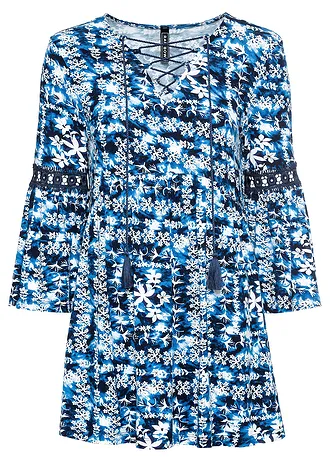 Tuniek van vloeiende viscose, Kleur: wit-donkerblauw gedessineerd