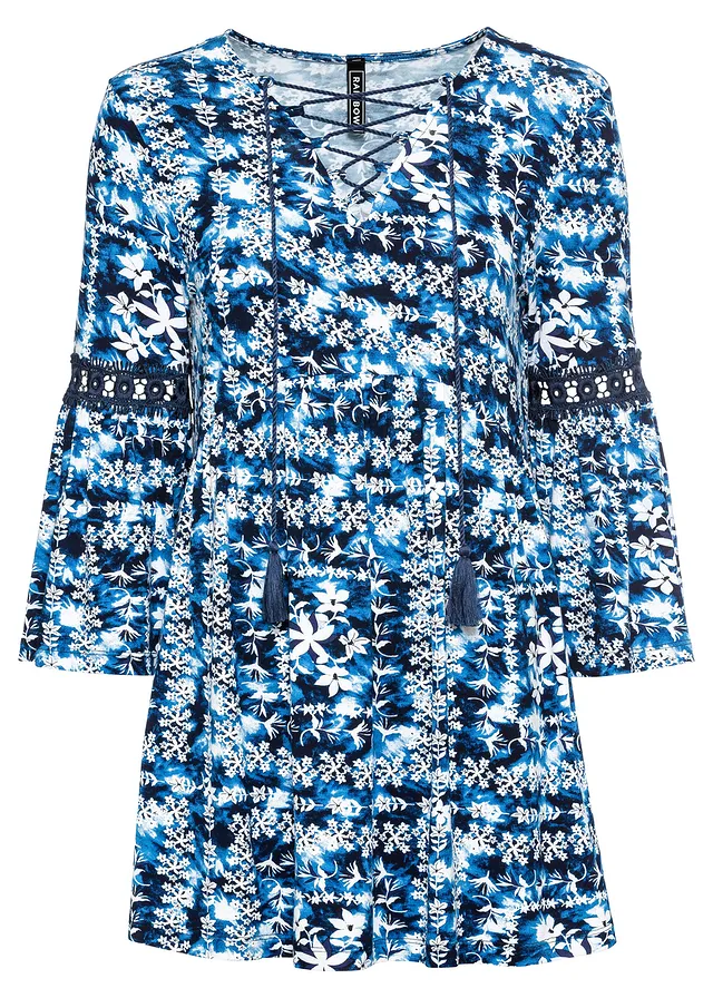 Tuniek van vloeiende viscose, Kleur: wit-donkerblauw gedessineerd