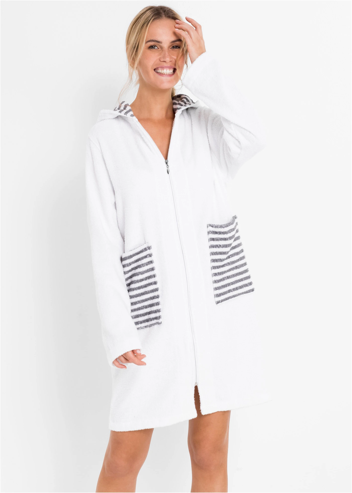 Froté župan z organické bavlny • bílo-šedá s proužky • bonprix obchod