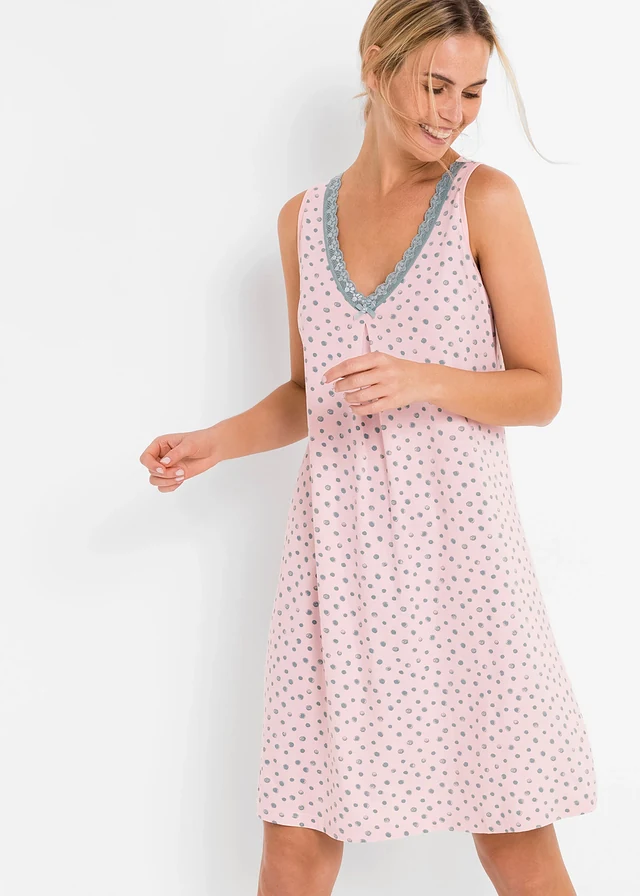 Nuisette courte et douce en viscose mélangée, Couleur: rose pâle pois menthe