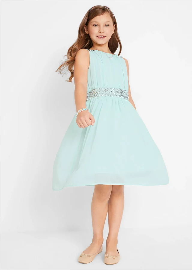 Chiffon meisjes jurk met paillettenband, Kleur: pastelmint