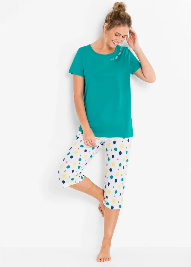 Pyjama corsaire 100% coton, Couleur: émeraude pois