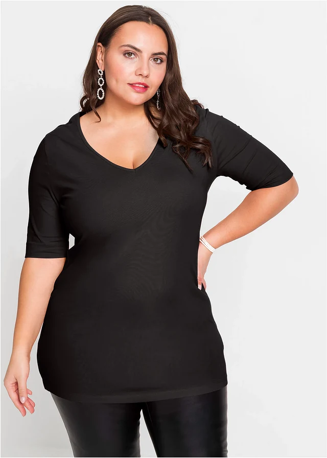 Nauwsluitend shirt, extra lang, Kleur: zwart