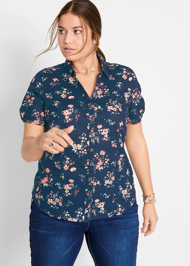 Gedessineerde blouse, korte mouw, Kleur: donkerblauw gedessineerd