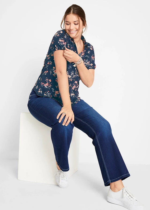 Gedessineerde blouse, korte mouw, Kleur: donkerblauw gedessineerd