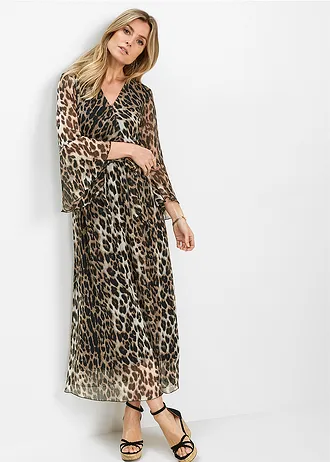 Robe longue à imprimé léopard, Couleur: camel-marron clair-noir léopard