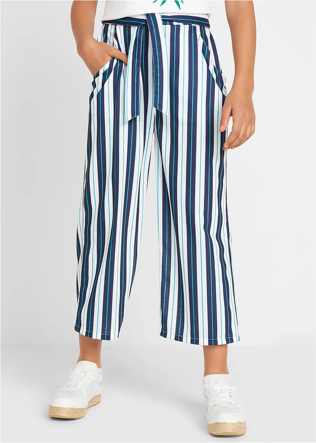 Pantalon palazzo à taille élastiquée, Couleur: bleu foncé-blanc rayé