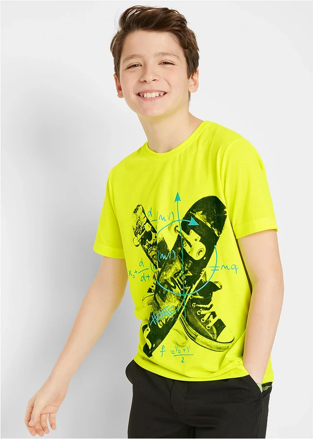 Jongens T-shirt met skater-print, Kleur: neongeel met print
