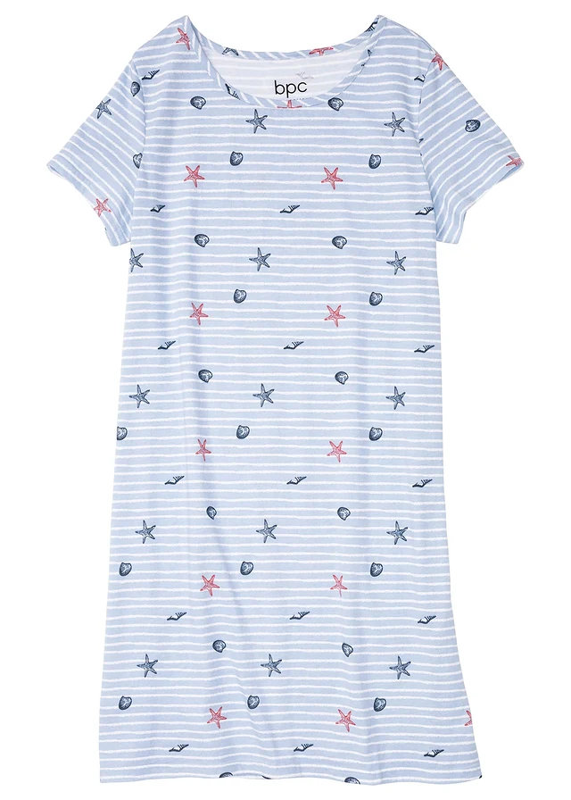 Chemise de nuit courte 100% coton, Couleur: bleu nacré imprimé