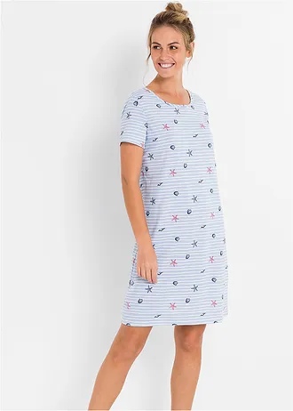Krátká noční košile z čisté bavlny, barva: perlově modrá s potiskem