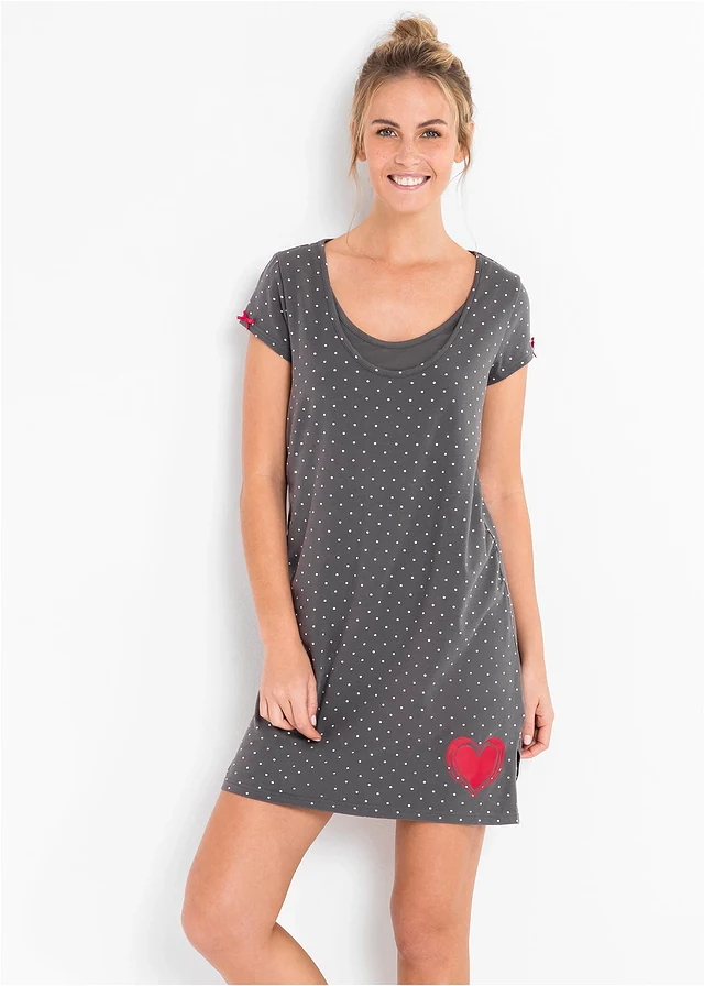 Chemise de nuit d'allaitement coton, Couleur: gris ardoise à pois