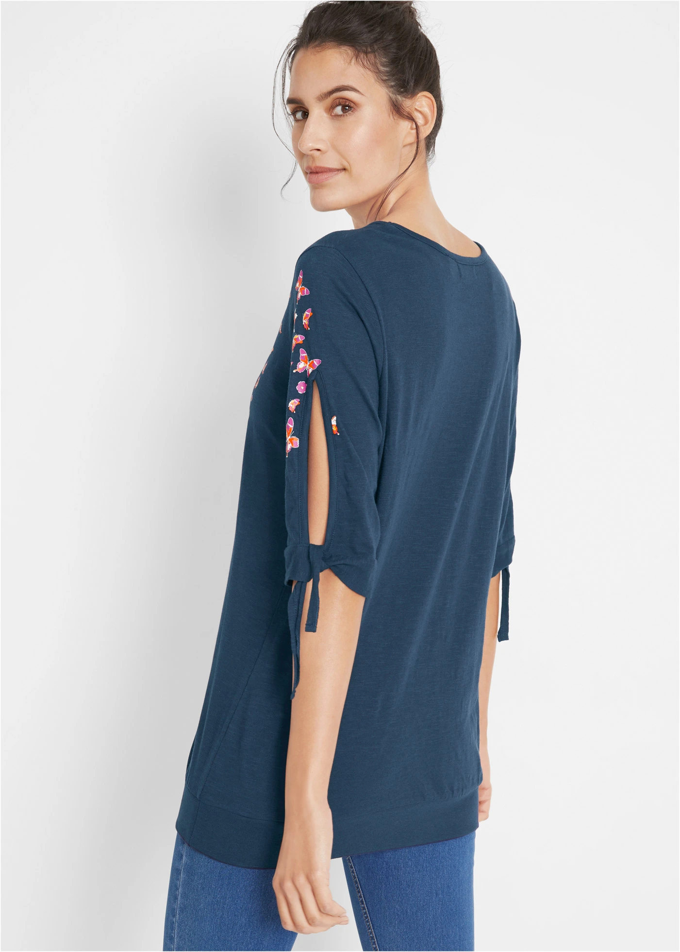 Shirt bawełniany cold-shoulder, krótki rękaw • ciemnoniebieski • sklep bonprix