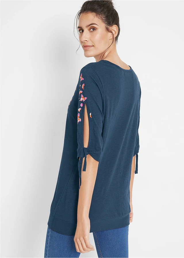 T-shirt coton épaules dénudées, mi-manches, Couleur: bleu foncé