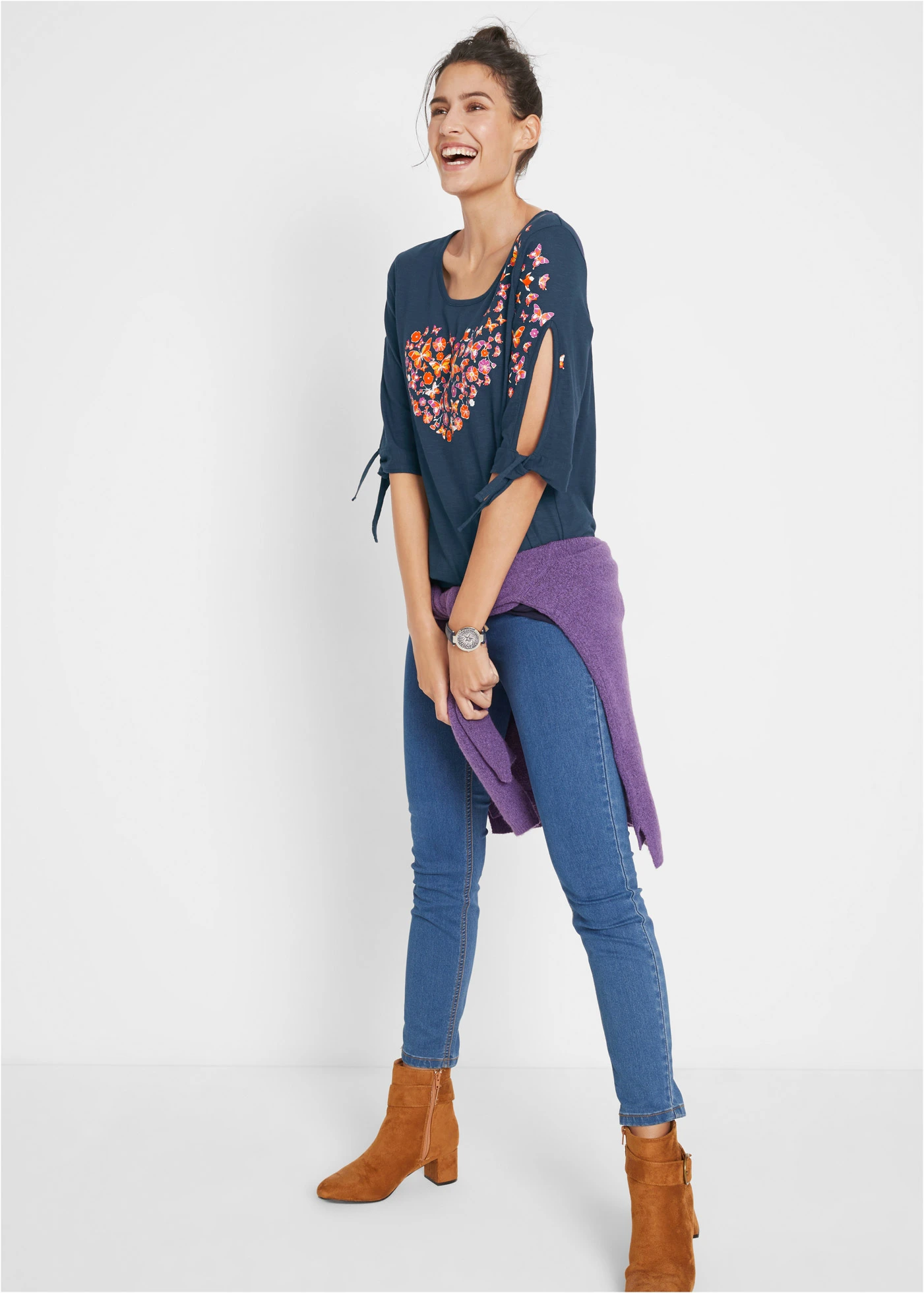 Cold shoulder shirt van katoen, halflange mouw • donkerblauw • bonprix online shop