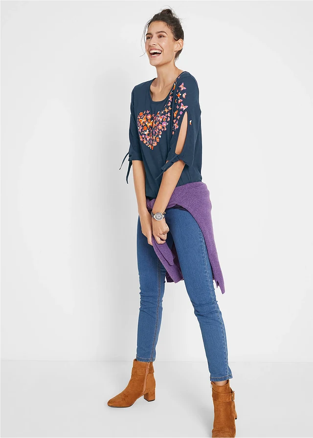 Cold shoulder shirt van katoen, halflange mouw, Kleur: donkerblauw