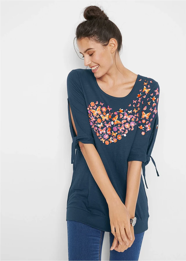Cold shoulder shirt van katoen, halflange mouw, Kleur: donkerblauw