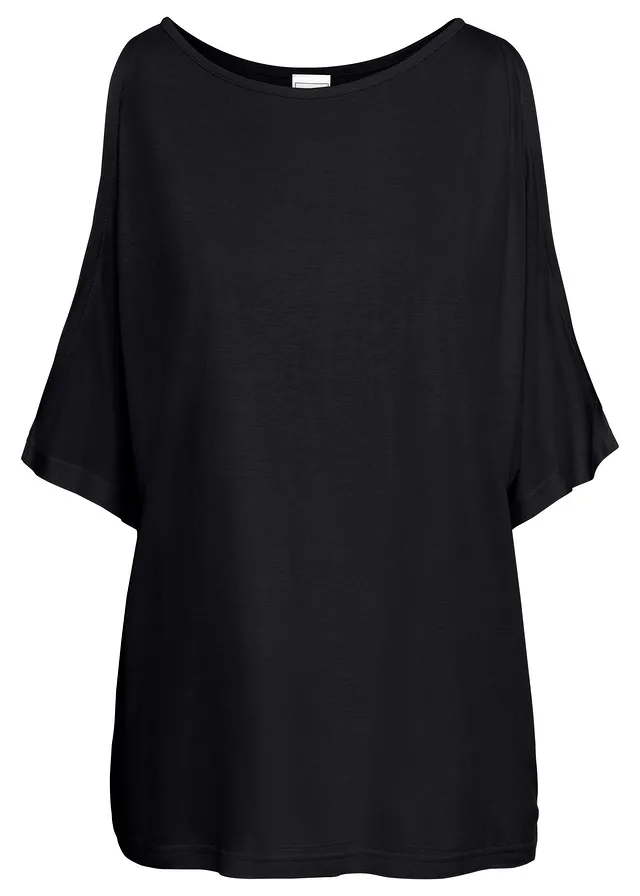 Tričko s prestrihmi na pleciach, z viskózy • čierna • obchod bonprix