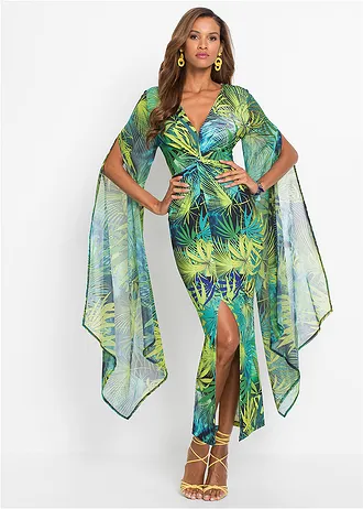 Jersey jurk met split • donkergroen-groen gebloemd • bonprix online shop