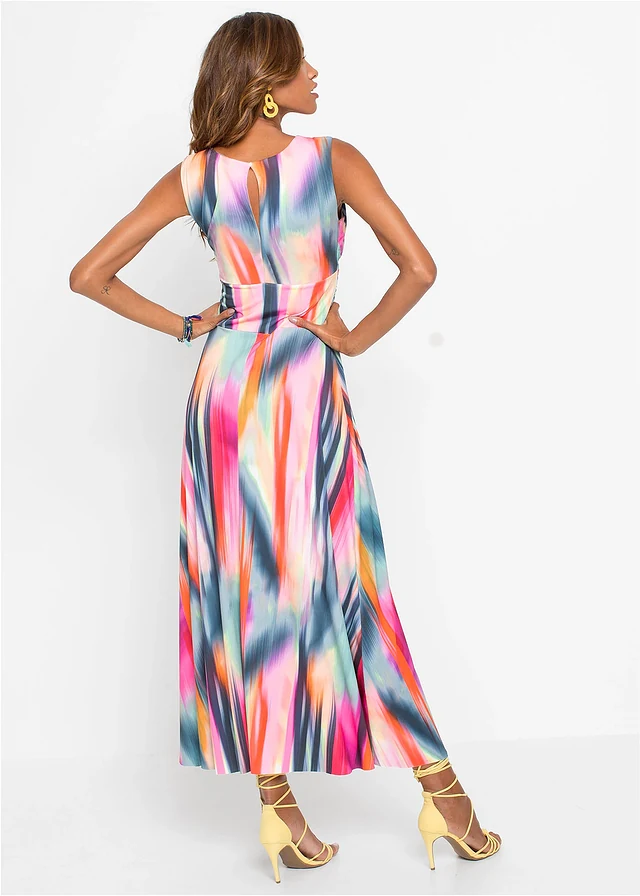 Maxi jurk, Kleur: pink-rood-donkergrijs gedessineerd