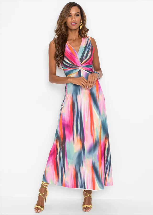 Maxi jurk, Kleur: pink-rood-donkergrijs gedessineerd