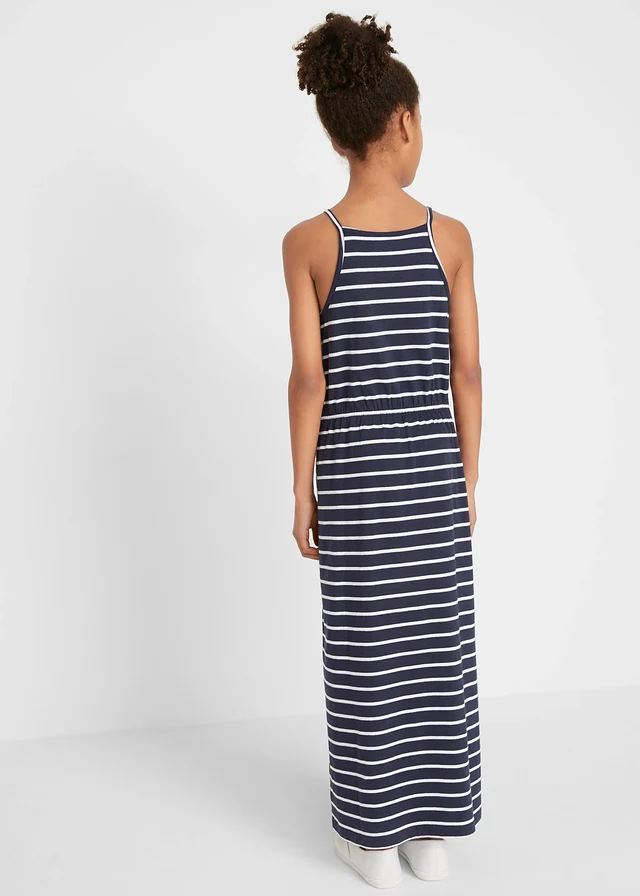 Robe longue fille avec fleur en coton, Couleur: bleu foncé/blanc rayé