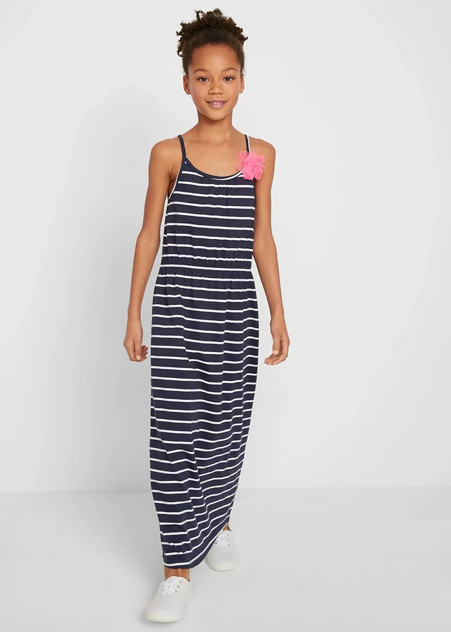 Robe longue fille avec fleur en coton, Couleur: bleu foncé/blanc rayé