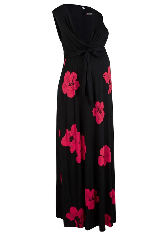 2-in-1 jersey zwangerschapsjurk/voedingsjurk met viscose, Kleur: zwart-magenta