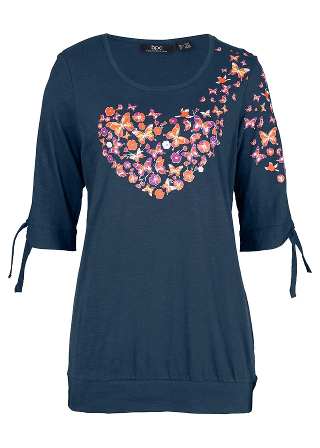 T-shirt coton épaules dénudées, mi-manches, Couleur: bleu foncé