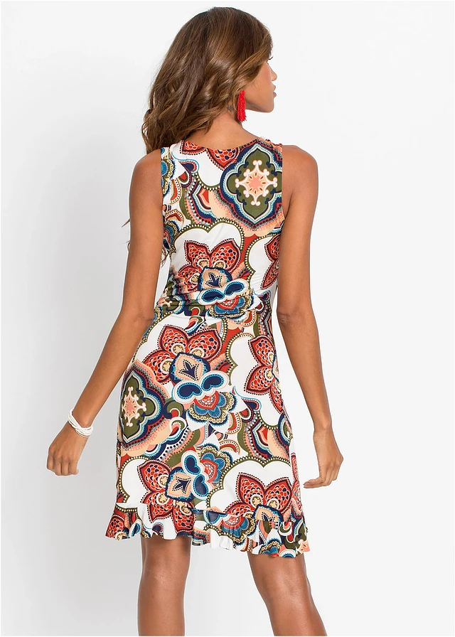 Robe courte à volants, Couleur: blanc/bleu/orange foncé imprimé