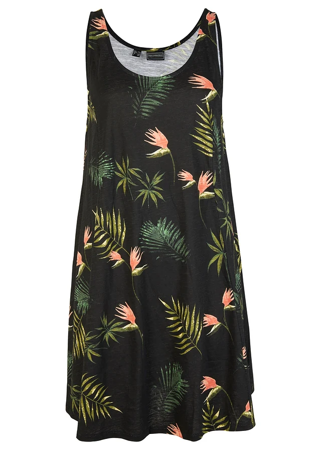 Robe de plage 100% coton, Couleur: noir/vert floral
