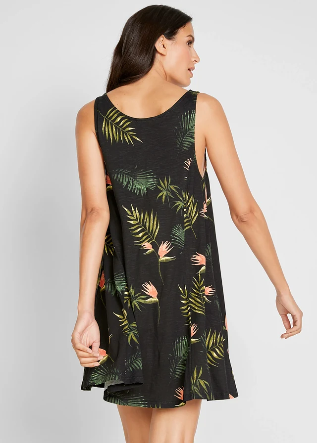 Robe de plage 100% coton, Couleur: noir/vert floral