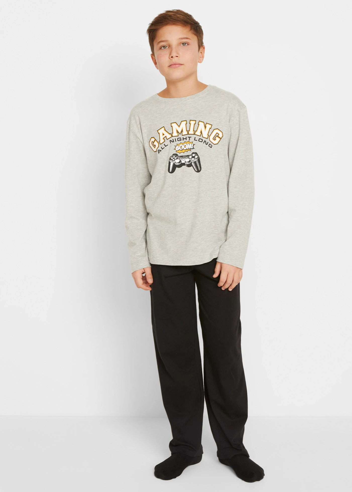 Pijama din bumbac moale • gri melanj deschis/negru • magazin bonprix