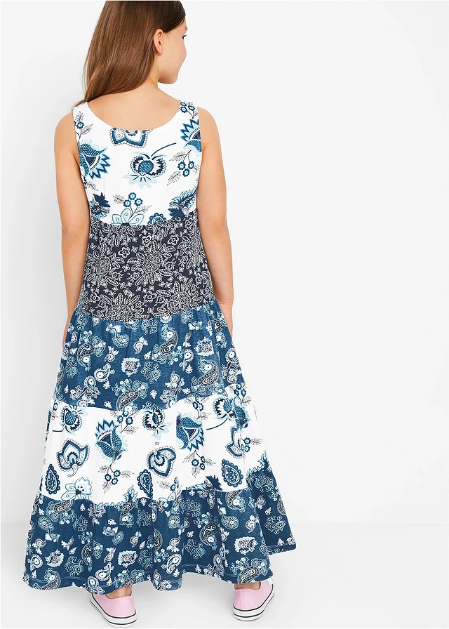 Jersey maxi jurk van biologisch katoen, Kleur: wolwit - jeansblauw - donkerblauw